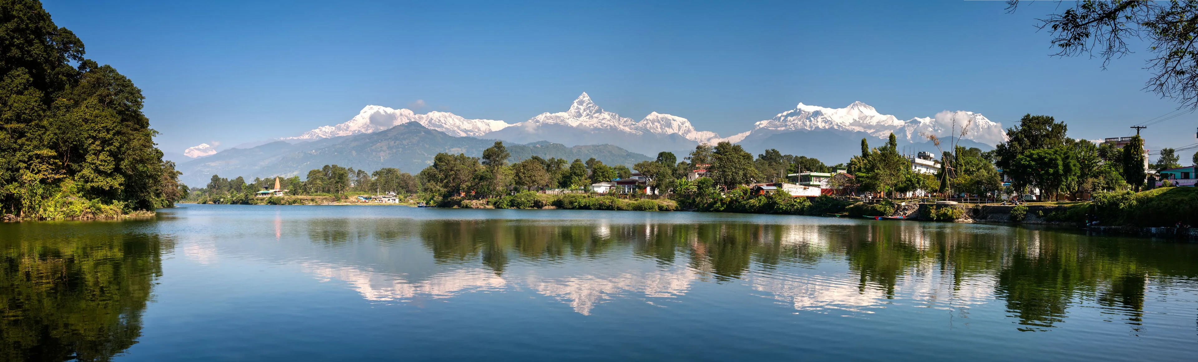 Fewa Lake reflecting the snowy peaks of Pokhara